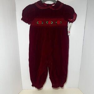 Vintage Valentines Smocked Red Velvet Long Bubble Romper Peter Pan Collar Roses